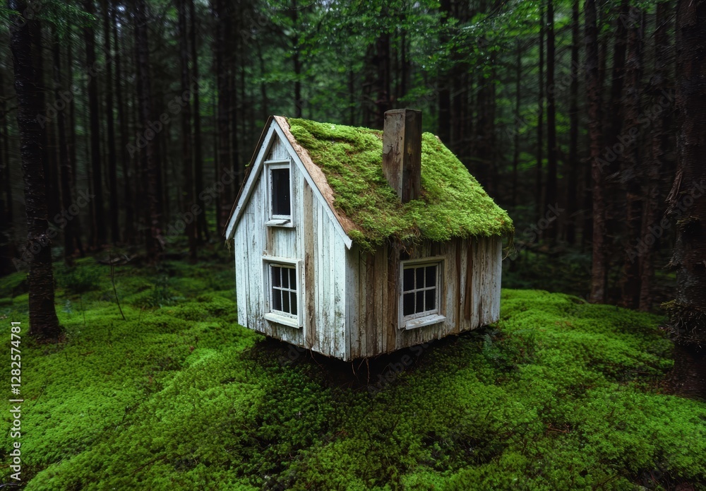 A tiny house covered in moss sits in a forest. A tiny house covered in moss sits in a forest.