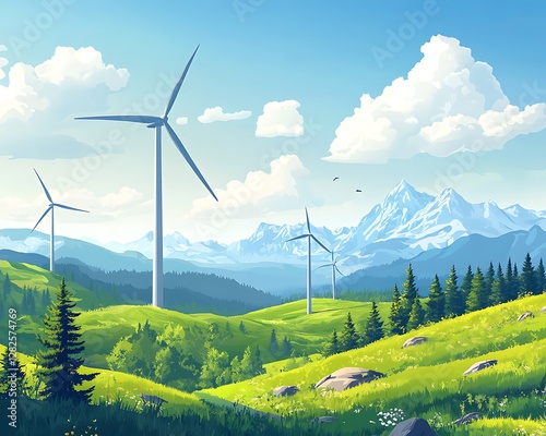 Wind turbines, mountain landscape, sunny valley photo