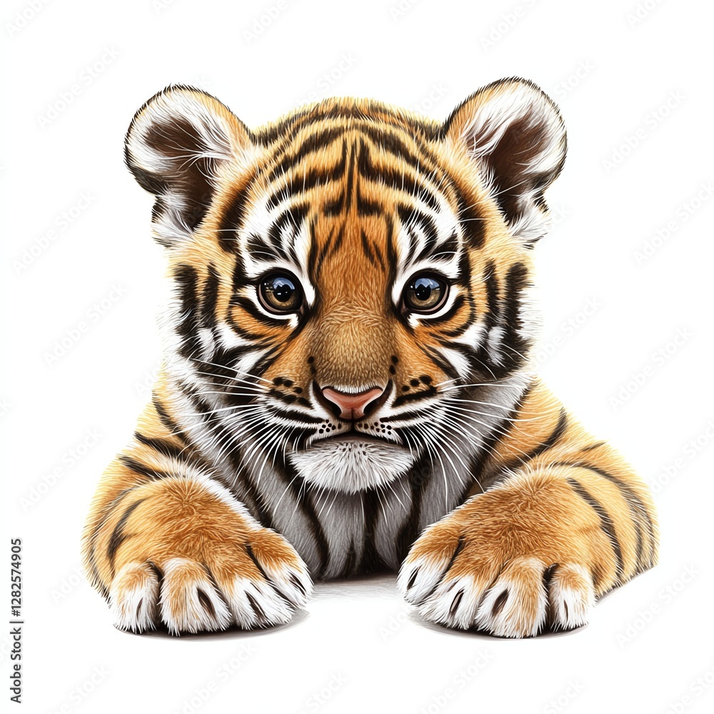 Obraz premium Playful baby tiger with stripes design for T-shirt POD print on demand on white background