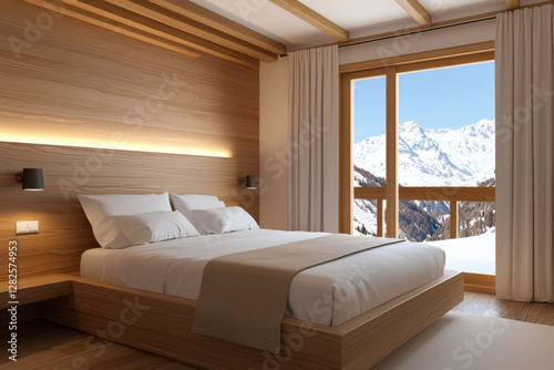 Modern bedroom with wooden accents, large window, and mountain view