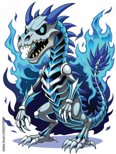 A colossal skeletal dragon, its bones imbued with ethereal blue spectral energy, coils majestically.  Detailed bone structure, glowing blue wisps.