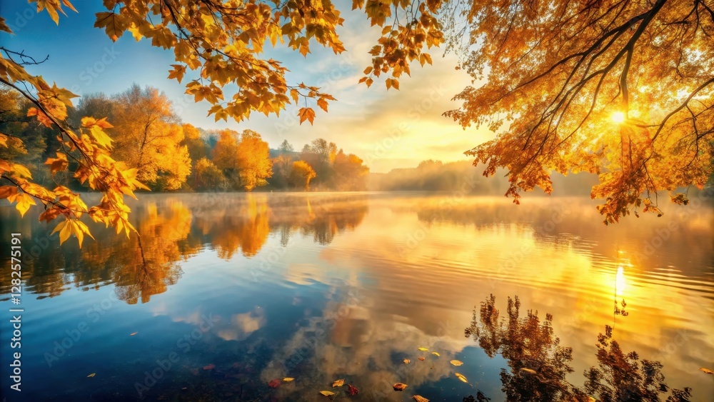 Fototapeta premium serene lake at autumn sunset with vibrant golden leaves and soft mist