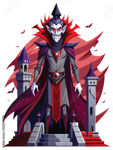 A brooding gothic vampire lord, pale skin, sharp features, wearing a tattered, dark crimson cape,  holding a silver chalice.  Dramatic lighting.