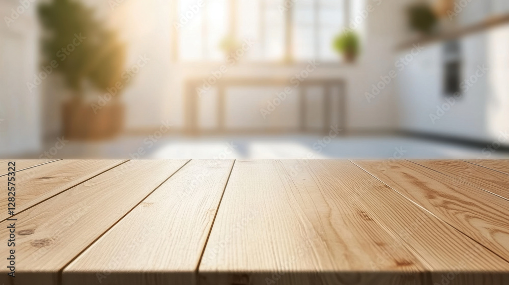 beautiful empty wooden table top sits on blurred background, creating warm and inviting atmosphere in modern kitchen beautiful empty wooden table top sits on blurred background, creating warm and inviting atmosphere in modern kitchen