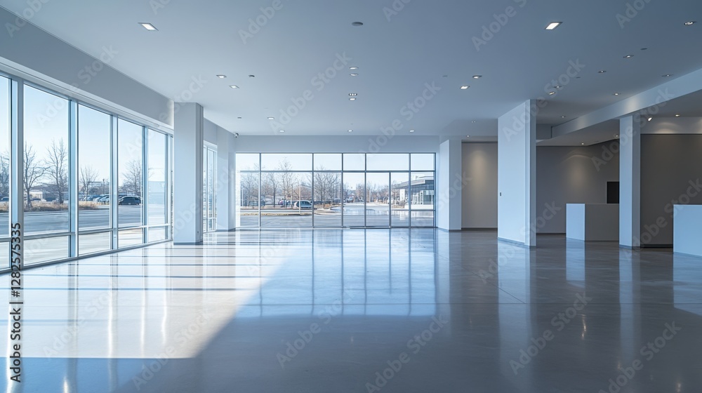 Fototapeta premium Empty dealership showroom with modern architecture. Featuring open space and sleek decor