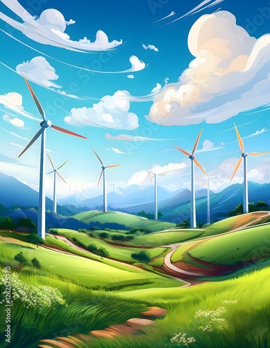 Playful Wind Turbines in a Vibrant Green Landscape
Wind Turbines Wind Energy Renewable Energy Wind Farm  Green Energy Sustainable Energy Wind Power Windmill Eco-Friendly Energy
Clean Energy