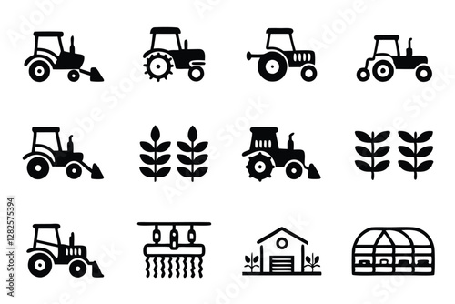 Create 15 high-quality icons depicting diverse agricultural equipment used in farming, including tractors, harvesters, plows, and irrigation systems.  Design should be clean and easily scalable.