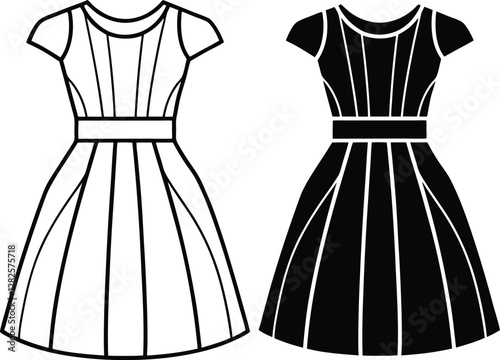Set of A Line Dresses technical fashion illustration line art drawing style.