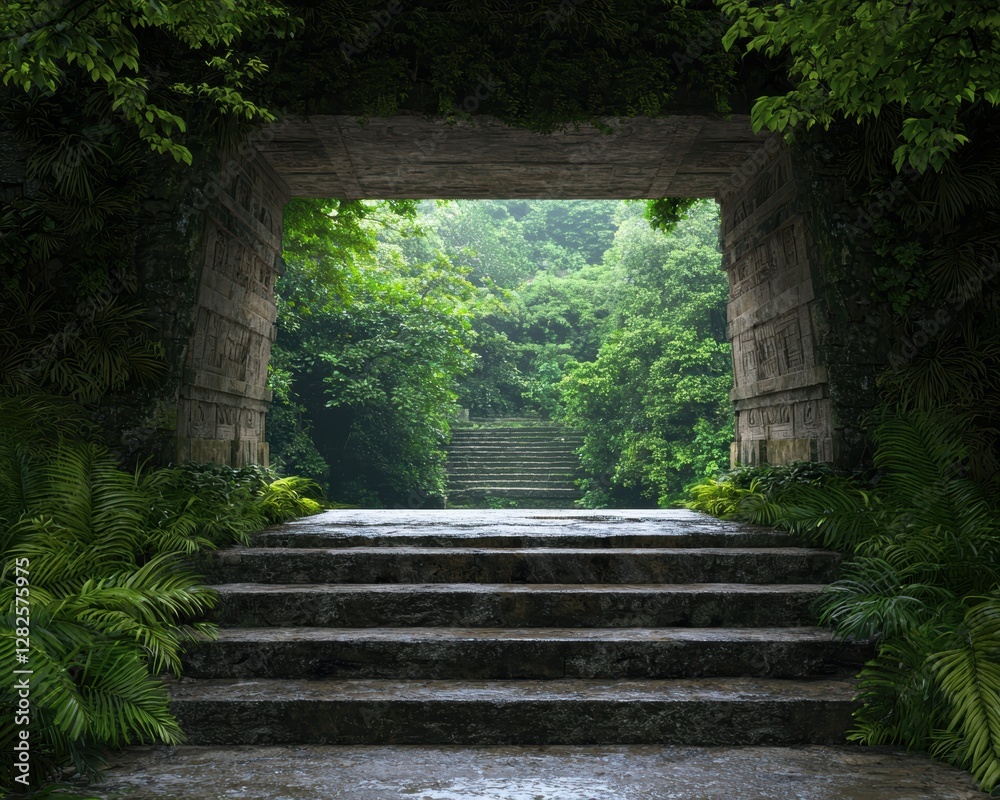 Ancient stone steps leading into a lush green jungle. Ancient stone steps leading into a lush green jungle.