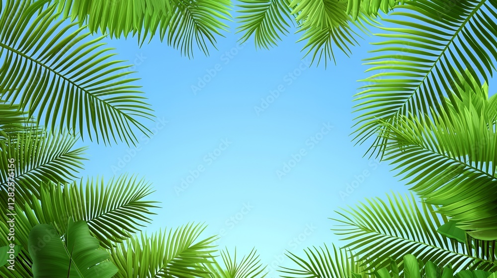 Fototapeta premium Lush Green Palm Leaves Frame Bright Blue Sky Tropical Background