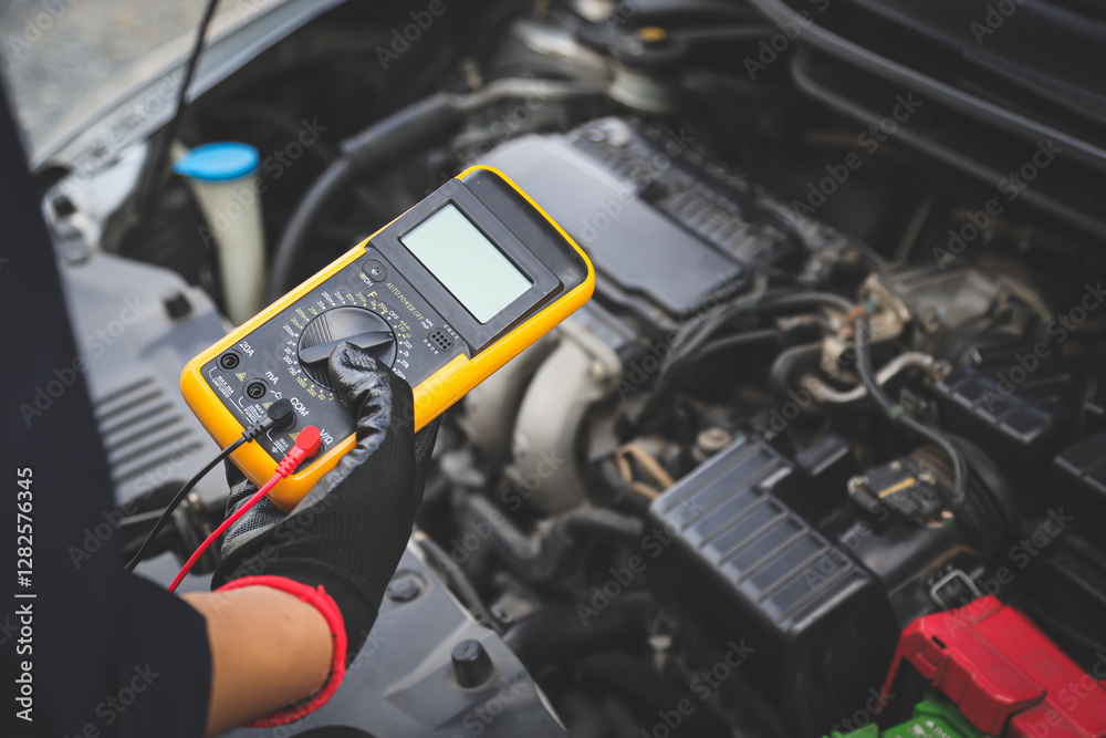 Electrical technician car mechanic use voltmeter to check voltage battery low energy problem for car care service maintenance and re charger or jump start or change battery replacement. Electrical technician car mechanic use voltmeter to check voltage battery low energy problem for car care service maintenance and re charger or jump start or change battery replacement.