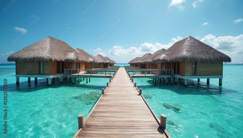 Tropical water villas on Maldives island in summer. Vacation destination with luxury bungalows over turquoise ocean lagoon. Wooden bridge road to paradise. Beautiful landscape with turquoise water. Tropical water villas on Maldives island in summer. Vacation destination with luxury bungalows over turquoise ocean lagoon. Wooden bridge road to paradise. Beautiful landscape with turquoise water.