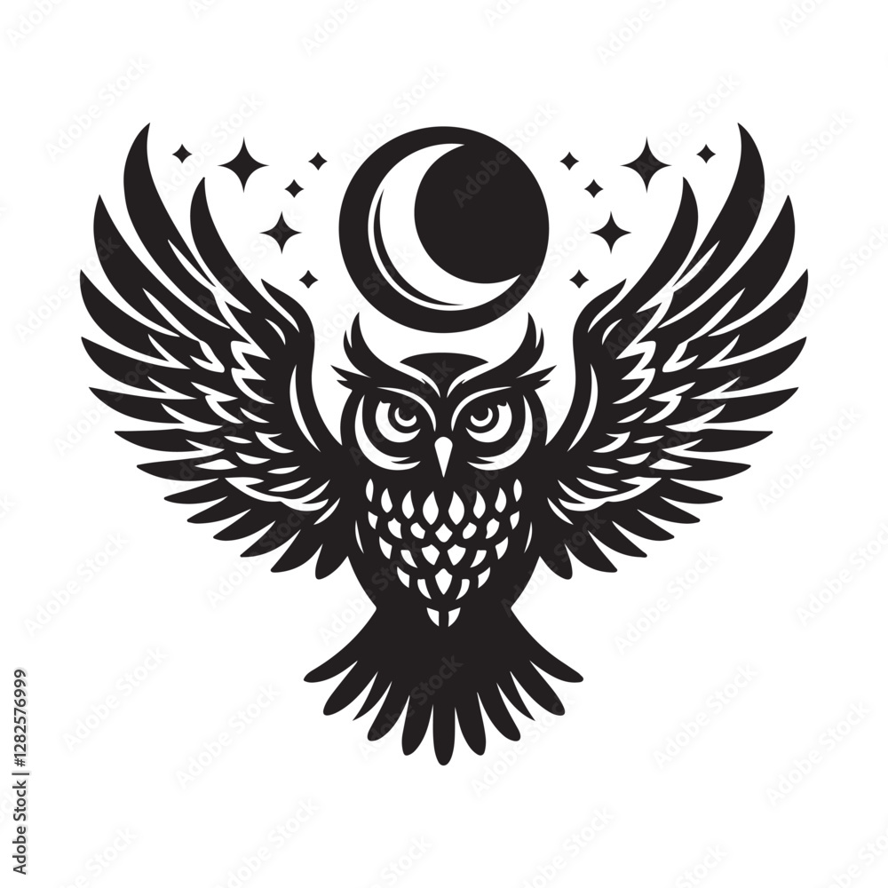 Obraz premium Owl with wide wingspan and moon Silhouette Vector Illustration, Solid White Background.