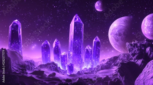 3d rendering, neon purple space background, abstract space illustration of planets with amethysts and crystals growing, percent, neon purple background, theme space, clear lines