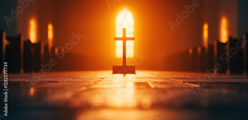 serene interior of empty church with cross illuminated by warm light, creating peaceful and reflective atmosphere