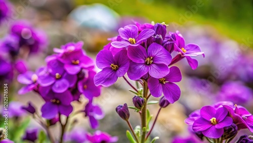 Detailed photo of a vibrant purple alpine wallflower in full bloom with delicate petals and intricate details, set against a soft focus background, wildflowers , nature