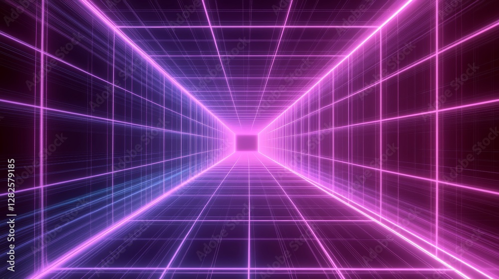 Vivid neon grid tunnel creates a sense of depth and motion from a futuristic perspective Vivid neon grid tunnel creates a sense of depth and motion from a futuristic perspective