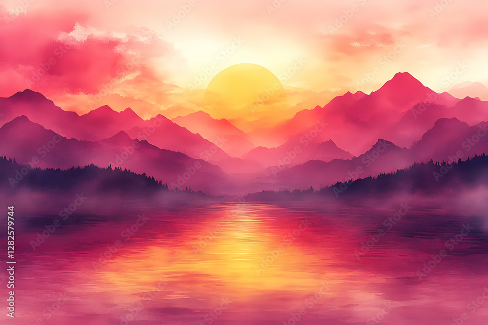 Fototapeta premium Colorful Mountain Sunset Over River Landscape