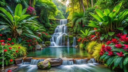 Exotic tropical plants with vibrant flowers surrounding a serene waterfall in the midst of lush greenery, outdoor