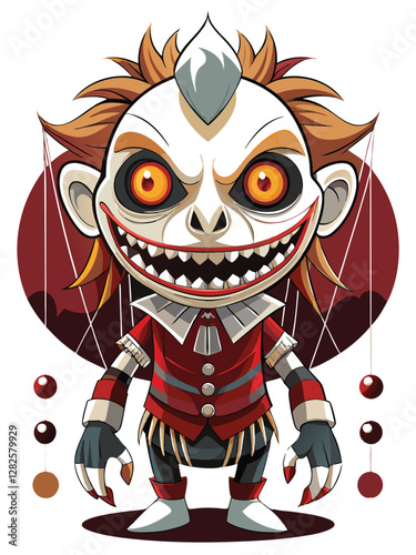 Render a terrifying haunted porcelain puppet monster, its face cracked and decaying, showcasing unsettling details.  Focus on texture and lighting to enhance the horror.