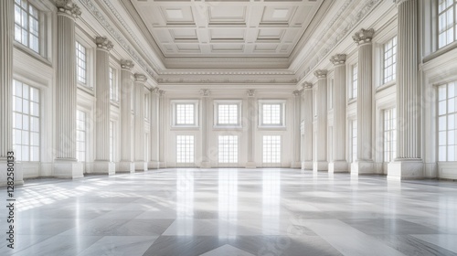 A legislative hall with a marble floor and tall columns. Featuring grandeur and formality