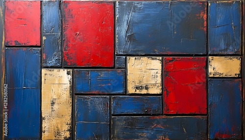 Abstract geometric wall art, red, blue, and beige blocks