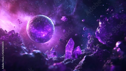 3d rendering, neon purple space background, abstract space illustration of planets with amethysts and crystals growing, percent, neon purple background, theme  space, clear lines