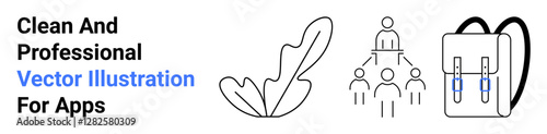 Leaf design, team hierarchy outline, and minimalist backpack icon. Ideal for collaboration, teamwork, business organization, nature, travel, education digital apps flat landing page banner