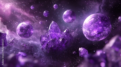 3d rendering, neon purple space background, abstract space illustration of planets with amethysts and crystals growing, percent, neon purple background, theme  space, clear lines