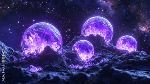 3d rendering, neon purple space background, abstract space illustration of planets with amethysts and crystals growing, percent, neon purple background, theme  space, clear lines