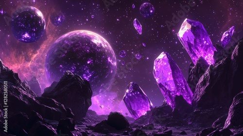 3d rendering, neon purple space background, abstract space illustration of planets with amethysts and crystals growing, percent, neon purple background, theme  space, clear lines