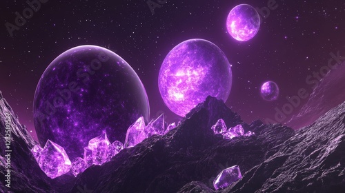 3d rendering, neon purple space background, abstract space illustration of planets with amethysts and crystals growing, percent, neon purple background, theme  space, clear lines
