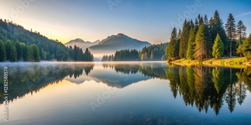 Reflections of trees on calm Spitzingsee Lake at dawn, reflections, bavaria photo