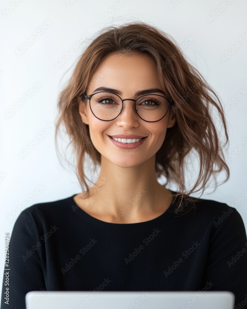 Smiling woman with glasses and laptop, representing confidence and modern lifestyle. Smiling woman with glasses and laptop, representing confidence and modern lifestyle.