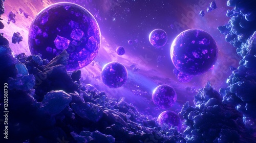 3d rendering, neon purple space background, abstract space illustration of planets with amethysts and crystals growing, percent, neon purple background, theme  space, clear lines