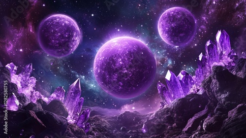 3d rendering, neon purple space background, abstract space illustration of planets with amethysts and crystals growing, percent, neon purple background, theme  space, clear lines