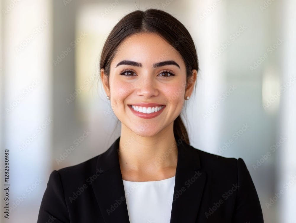 A cheerful businesswoman smiling confidently in a modern office environment. A cheerful businesswoman smiling confidently in a modern office environment.