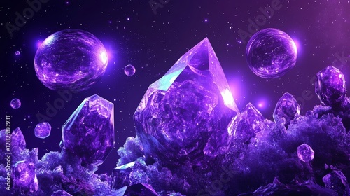 3d rendering, neon purple space background, abstract space illustration of planets with amethysts and crystals growing, percent, neon purple background, theme  space, clear lines