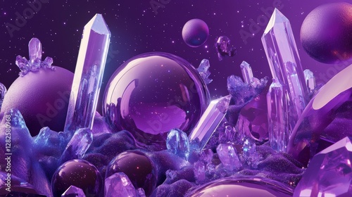3d rendering, neon purple space background, abstract space illustration of planets with amethysts and crystals growing, percent, neon purple background, theme  space, clear lines