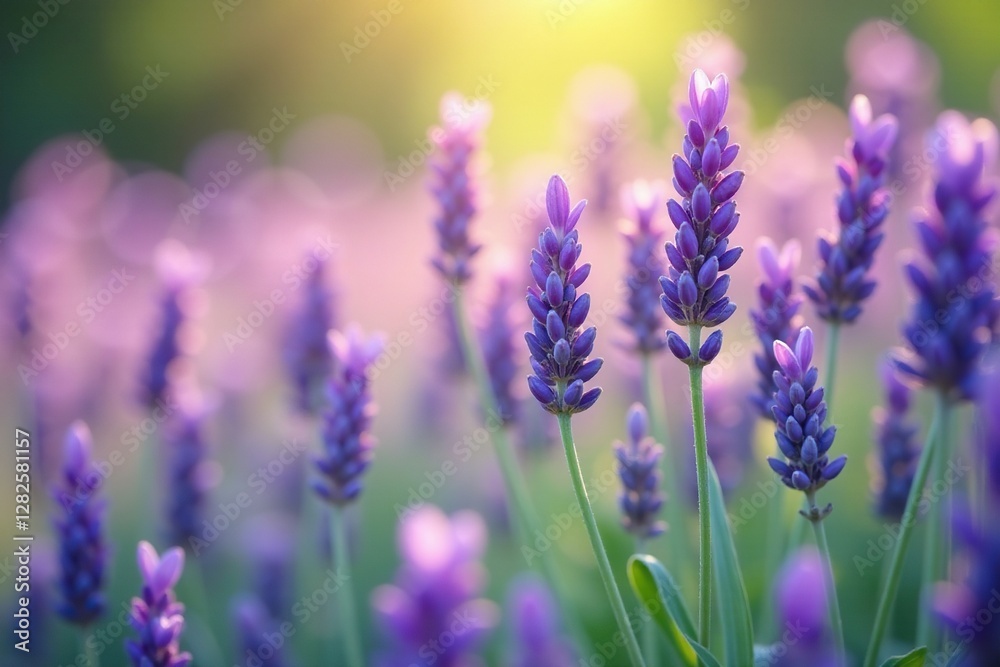 Naklejka premium Soft lavender petals and delicate stems fill a serene garden background, purple, floral