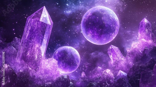 3d rendering, neon purple space background, abstract space illustration of planets with amethysts and crystals growing, percent, neon purple background, theme  space, clear lines