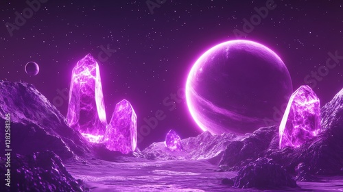 3d rendering, neon purple space background, abstract space illustration of planets with amethysts and crystals growing, percent, neon purple background, theme space, clear lines