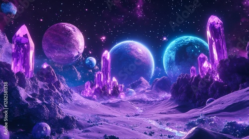 3d rendering, neon purple space background, abstract space illustration of planets with amethysts and crystals growing, percent, neon purple background, theme  space, clear lines