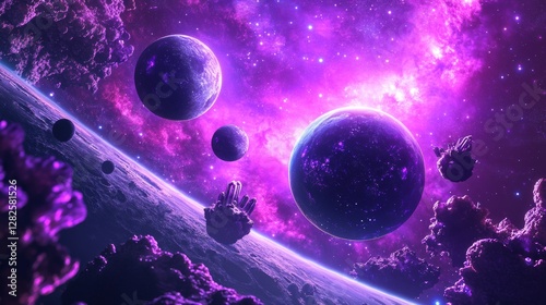 3d rendering, neon purple space background, abstract space illustration of planets with amethysts and crystals growing, percent, neon purple background, theme  space, clear lines