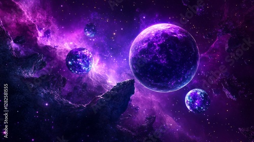 3d rendering, neon purple space background, abstract space illustration of planets with amethysts and crystals growing, percent, neon purple background, theme space, clear lines