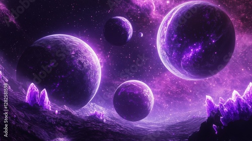 3d rendering, neon purple space background, abstract space illustration of planets with amethysts and crystals growing, percent, neon purple background, theme space, clear lines