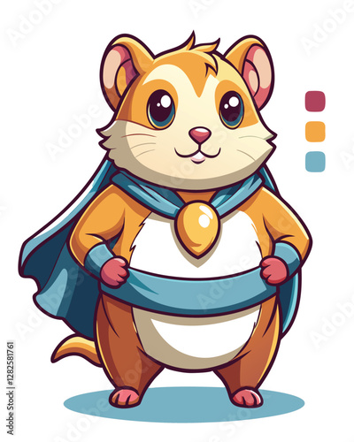 A chubby hamster in a tiny superhero costume,  smiling adorably.  High-resolution, cute, cartoonish style.