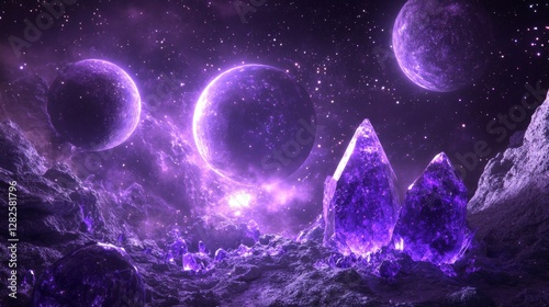 3d rendering, neon purple space background, abstract space illustration of planets with amethysts and crystals growing, percent, neon purple background, theme space, clear lines