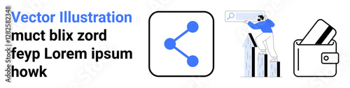 Sharing icon, person using search bar on top of bar charts, card in wallet. Ideal for social media, data analysis, finance, mobile payment, technology marketing research concepts. Landing page