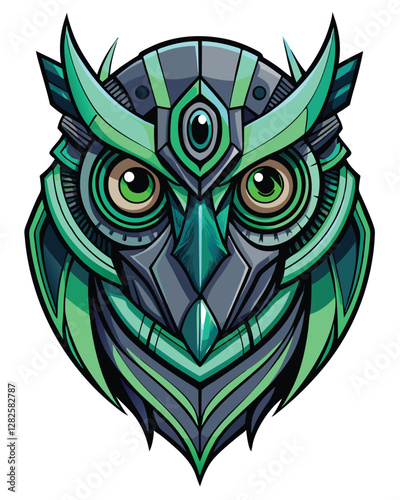 A detailed render of a cybernetic owl head, equipped with advanced night vision technology, glowing subtly in the dark.  Show intricate mechanical details.